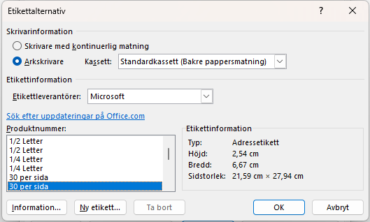 Etikettalternativ i Word med val av etikettstorlek och leverantör